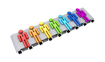 3d small people on a gray conveyor.