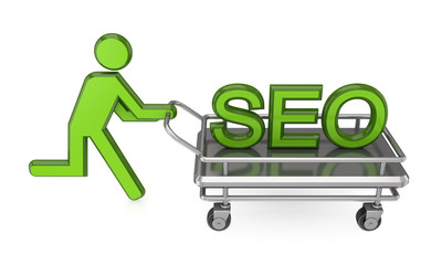 3d small person with a pushcart and big word SEO.