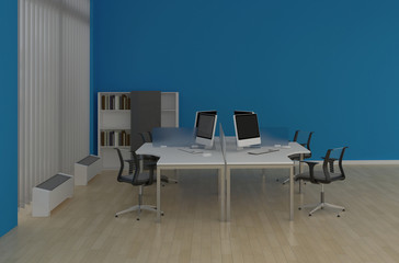 system office desks with partitions in the blue interior