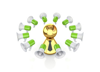 Fototapeta premium Colorful megaphones around 3d small person.
