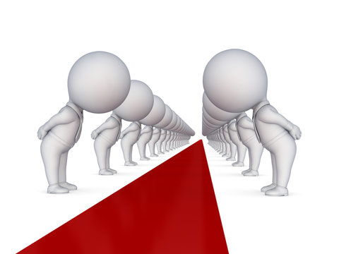 3d small people around red carpet.