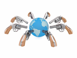 Revolvers aiming at planet Earth.