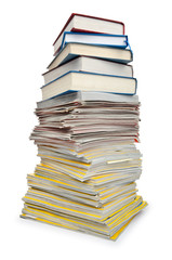 Books in high stack isolated on white