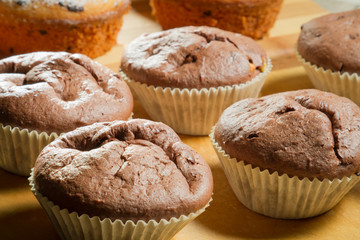 Closeup various muffin on wooden board