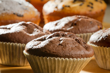 Closeup chocolate and vanilla muffins after baking