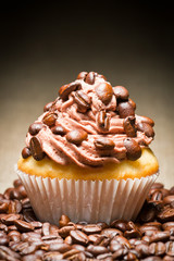 Muffin with chocolate cream and coffee beans