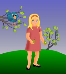 A blue little bird and a girl in a red dress.