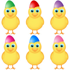 Chicken hatching with an egg hat.
