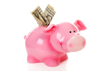 Pink piggy bank and dollar money