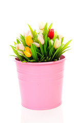 Obraz premium Bouquet of plastic Dutch tulips in pink pot