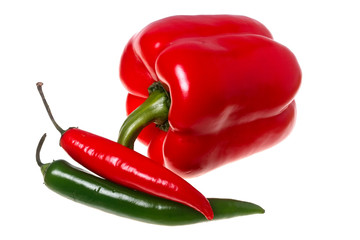 Fresh sweet pepper and chilli pepper isolated on white backgroun