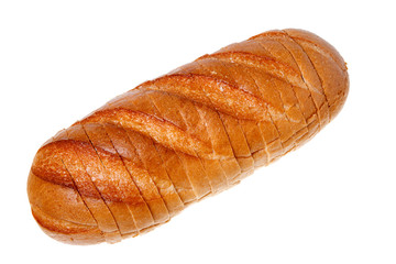 A loaf of bread sliced isolated on a white background.