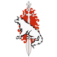 Wolf on the background of the sword and fire