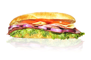 sandwich with lettuce hum tomato cheese and red onion