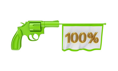 Green revolver shooting a golden inscription 50%.