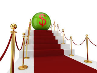 Red carpet on a stairs and dollar sign.