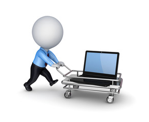 3d small person with a shopping trolley.