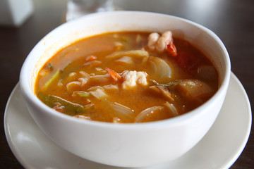 Tom Yum soup Thai traditional spicy prawn soup with noodle