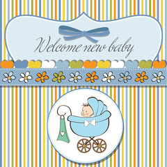 baby boy announcement card with baby and pram