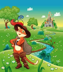 Peel and stick wall murals Castle Puss in boots and background. Cartoon vector illustration.