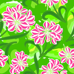 Seamless texture with amaryllis flowers on the green background