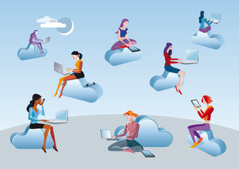 Cloud Computing Girls Sitting In Clouds