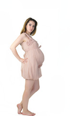 beautiful pregnant woman on white background. 7 months