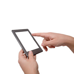 Isolated a male hand holding a touchpad pc