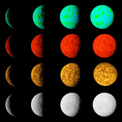 Phase of lighting different planets. Planets in deep dark space.