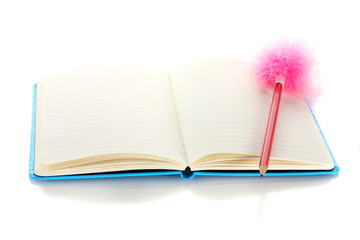 beautiful notebook and pen isolated on white