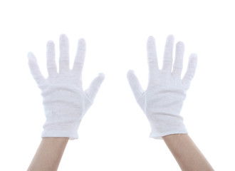 cloth glove on hands isolated on white.