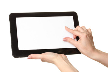 woman hands holding a tablet isolated on white