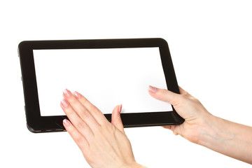 woman hands holding a tablet isolated on white