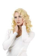 Naklejka premium Beautiful blond with hands on the neck