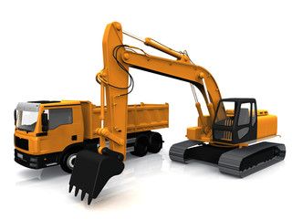 the excavator and truck