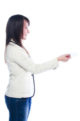 Young business woman with a business card