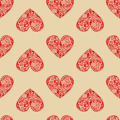 Vintage seamless texture with red hearts of the leaf pattern.