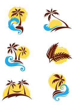 A set of logotypes - palm trees and sea