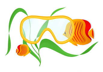 Diving. Swim mask, fish with seaweed on white background