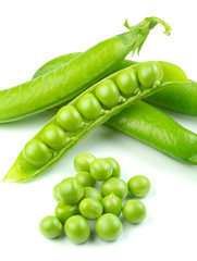 Fresh green pea pod over white background
