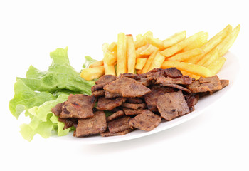 isolated plate of meat and french fries