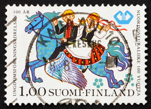 Postage stamp Finland 1981 Boy and Girl Riding Pegasus