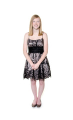 Cute blond teen girl on white background