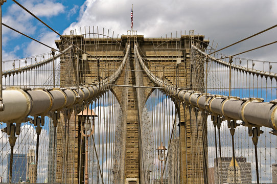 Upward image of Brooklyn Bridge in New York