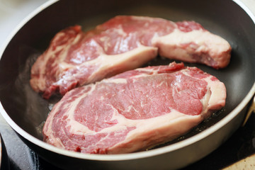 beef steak in a frying pan