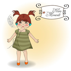 young girl listening to music on headphones and dancing