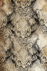 Tattoo pattern with demon designs over antique paper