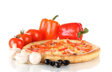 Aromatic pizza with vegetables and mushrooms isolated on white