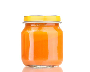 Jar of baby puree isolated on white