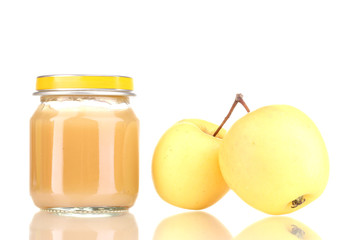 Jar of baby puree and apples isolated on white